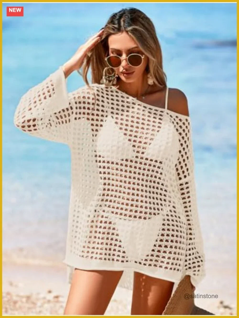 Crochet Oversized Long Sleeve Mesh Swimsuit Cover Up Beach Dress